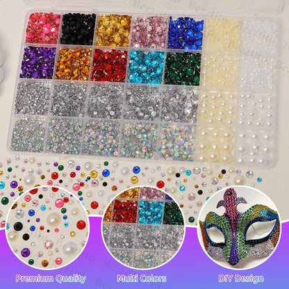 Bezztito 14000Pcs Colorful Flatback Rhinestones & Pearls Bedazzling Kit | 2-6mm Rhinestones, 4-10mm Flatback Pearls for DIY Nail Art & Crafts
