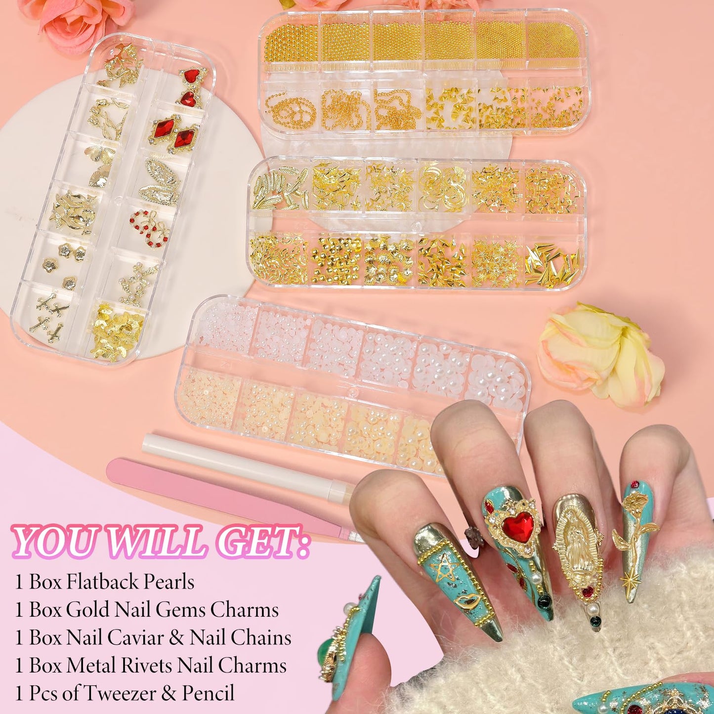 Bezztito 4 Boxes Gold Caviar & Pearl Nail Beads – Luxe Alloy Charms, Chains & Rivets for DIY Nail Art