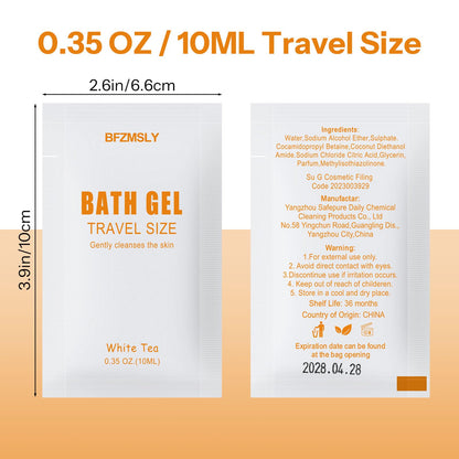 BFZMSLY 100 Pack Travel Size Body Wash Packets – White Tea Scent, TSA Approved for Hotels & Hospitality