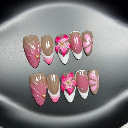 BHOOKA White French Tip Press-On Nails – 3D Flower & Pearl Design, Pink Gradient, Almond Shape