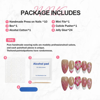 BHOOKA White French Tip Press-On Nails – 3D Flower & Pearl Design, Pink Gradient, Almond Shape