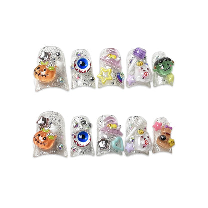 BHOOKA Halloween Press On Nails - Short Duck Size S with 3D Ghost & Pumpkin Designs