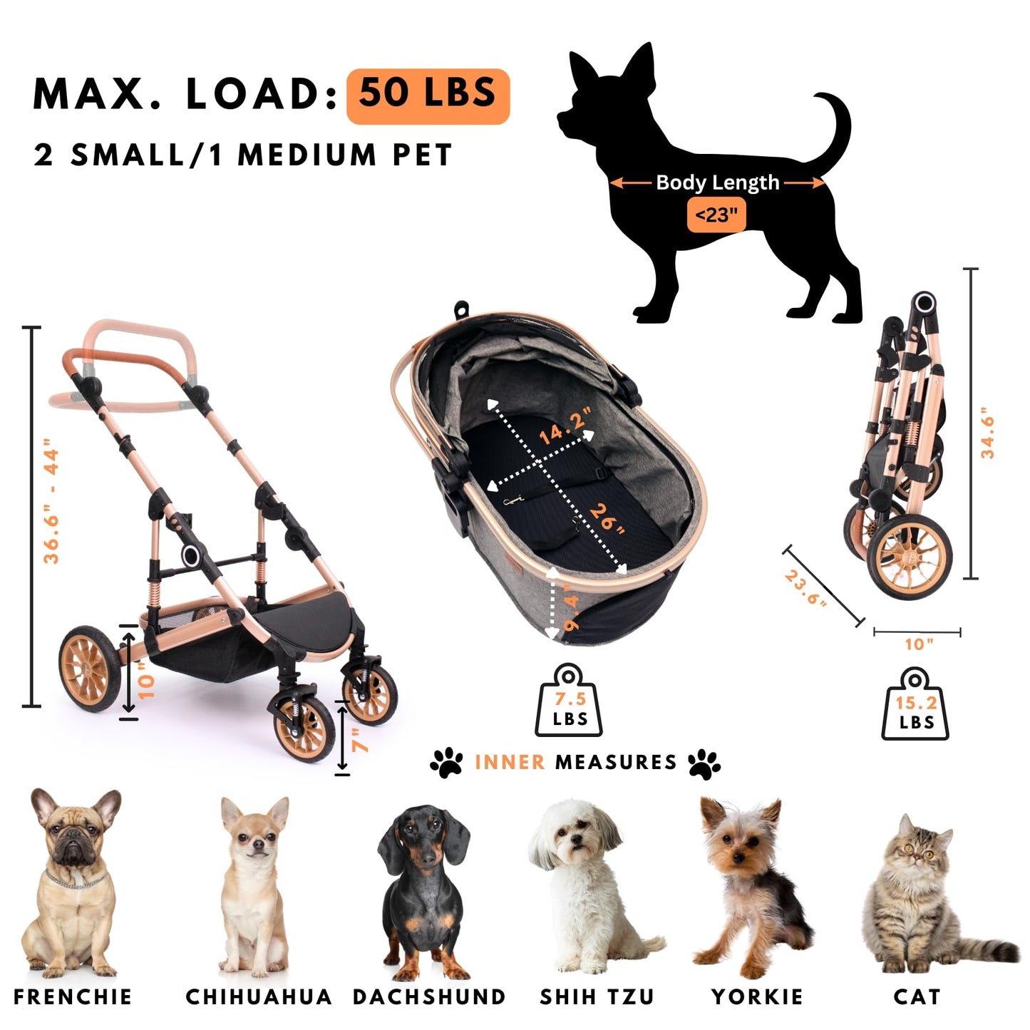 Bicystar Pet Stroller for Medium Dogs – 3-in-1 Carrier & Rubber Wheels