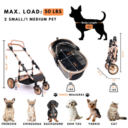 Bicystar Pet Stroller for Medium Dogs – 3-in-1 Carrier & Rubber Wheels