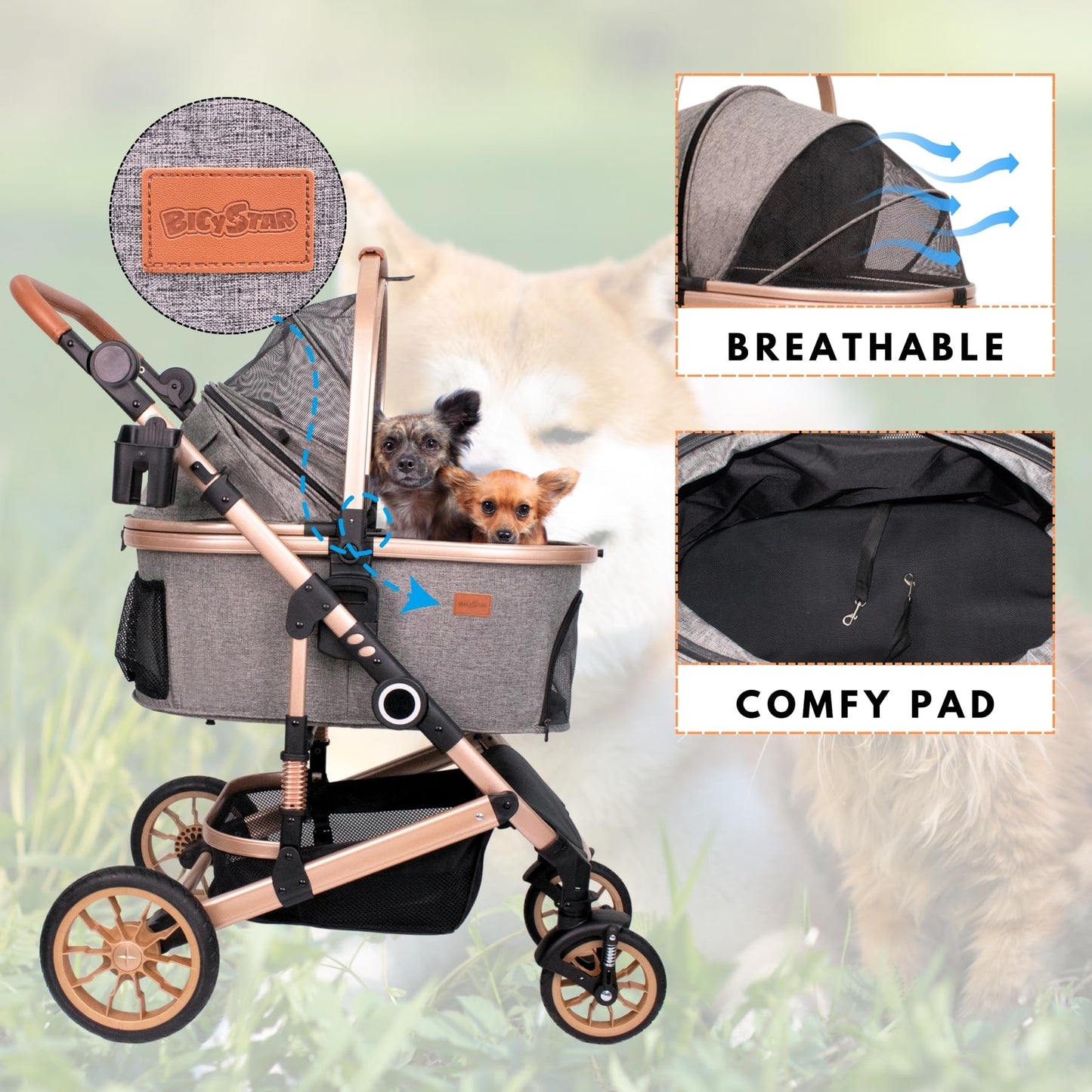 Bicystar Pet Stroller for Medium Dogs – 3-in-1 Carrier & Rubber Wheels