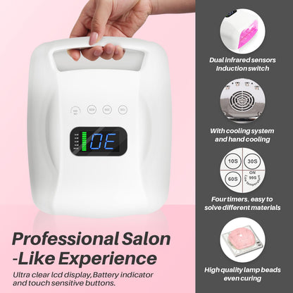 BIDUO Y8-Pro Cordless UV Nail Lamp – 96W, 28,800mAh Battery, 52 LEDs, Remote, Magnetic Base
