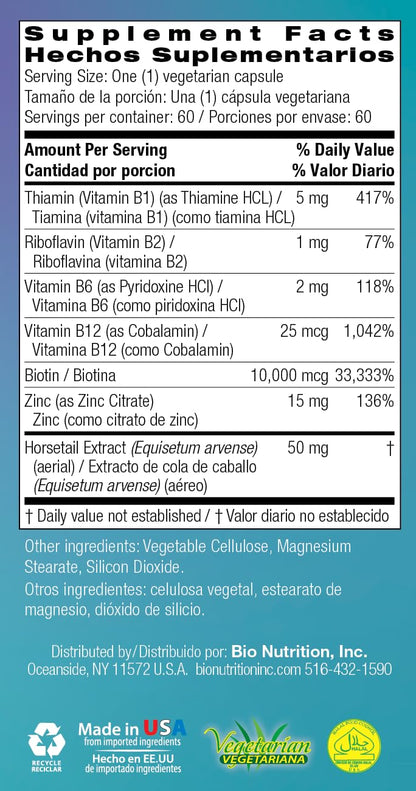 Bio Nutrition Healthy Hair Biotin Vegi-Caps, 60 Count – Vegetarian Hair & Nail Support