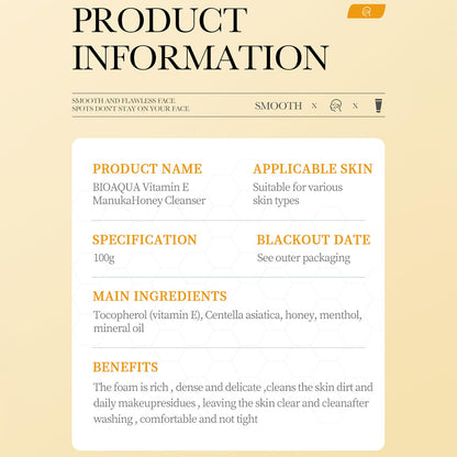 BIOAQUA Manuka Honey Facial Cleanser with Vitamin E – Deep Cleansing Foam (2 x 3.52 oz)