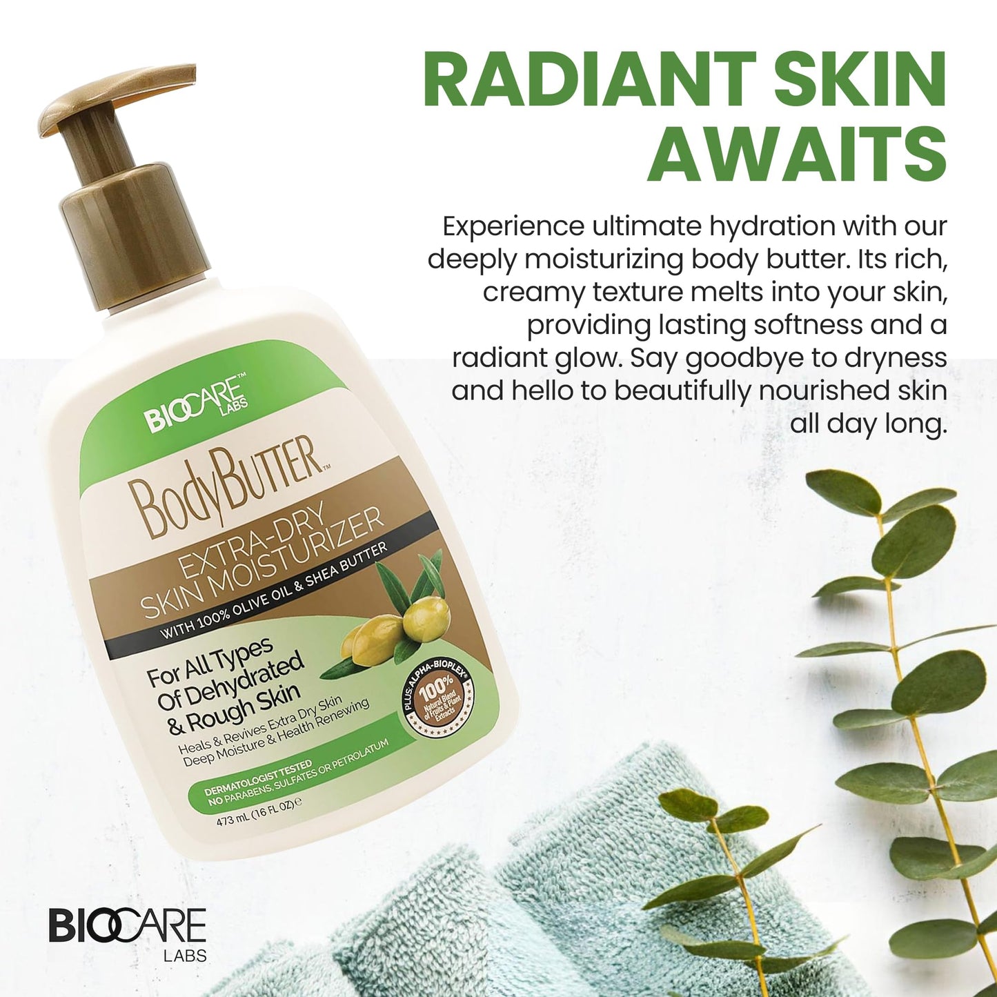 Biocare Labs Moisturizing Body Butter - Rich Shea & Olive Oil Hydration | 16 oz