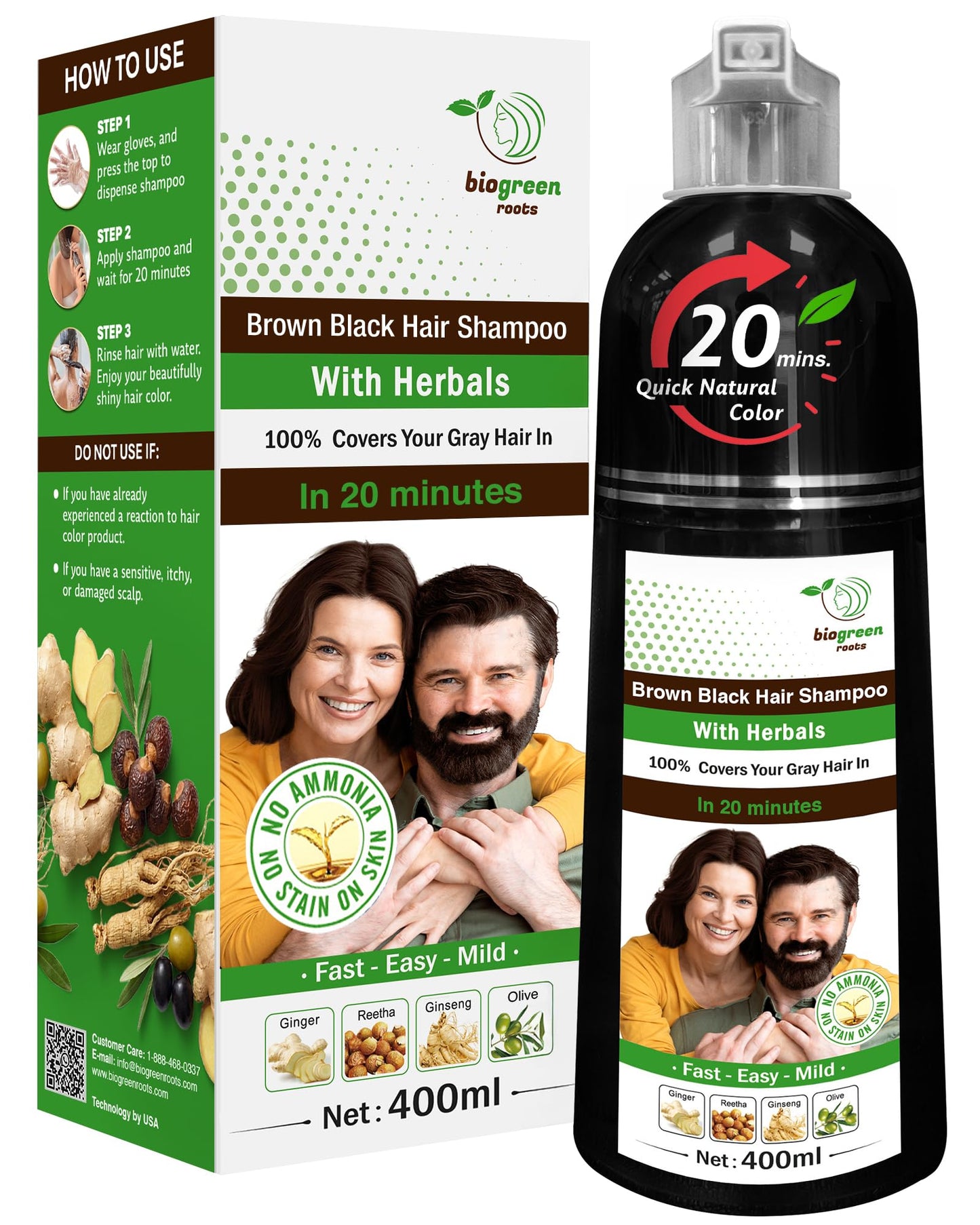 BIOGREEN ROOTS Ammonia-Free Herbal Hair Dye Shampoo – Brown-Black, Gray Coverage (400 ml)