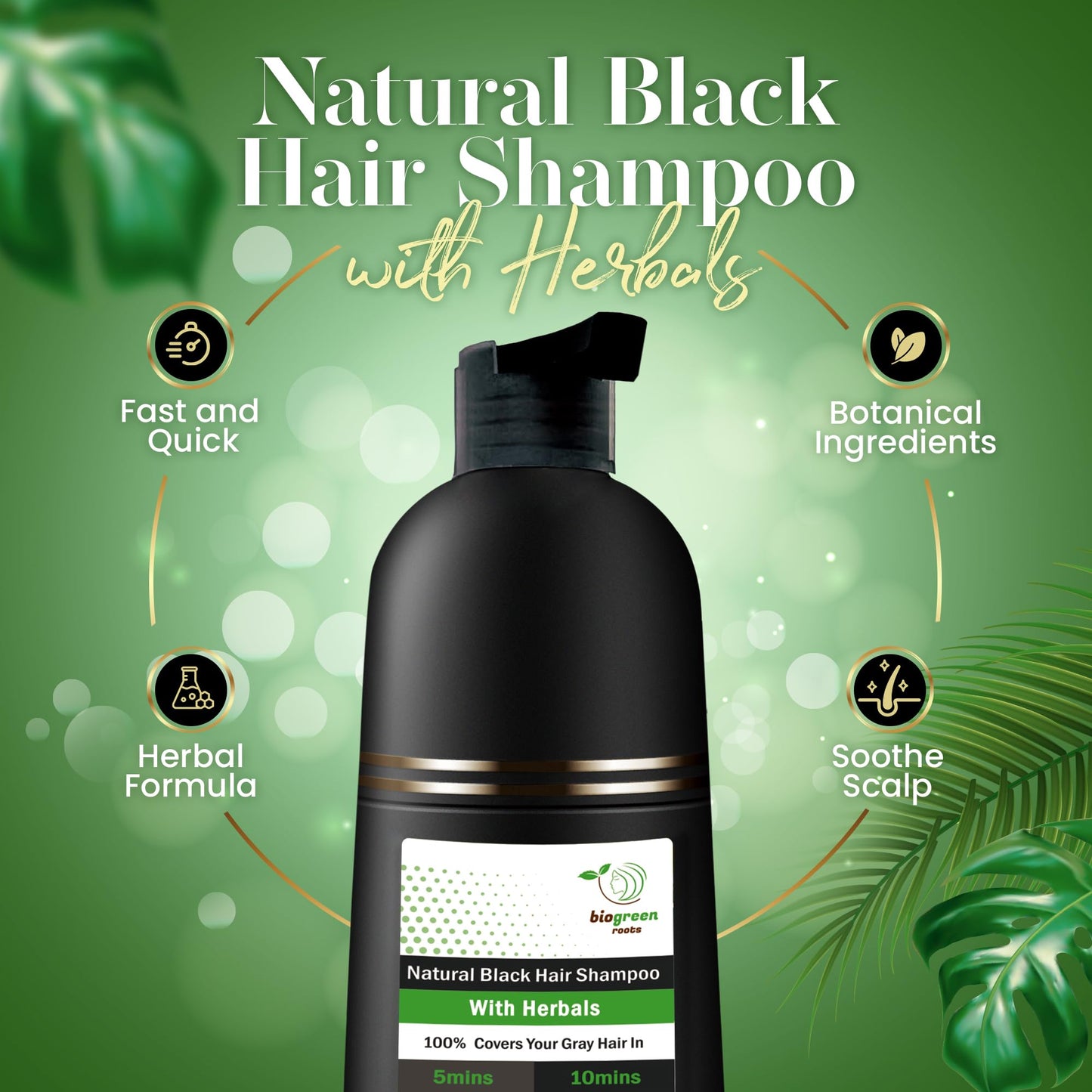 BIOGREEN ROOTS Ammonia-Free Herbal Hair Dye Shampoo – Natural Black, Paraben-Free (200 ml)