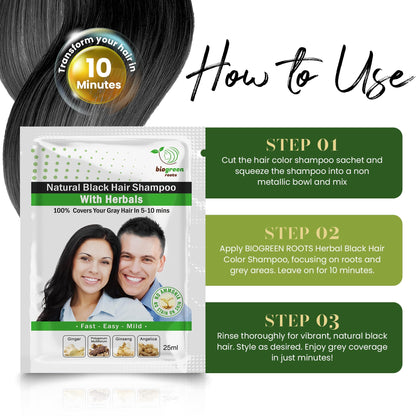 BIOGREEN ROOTS Ammonia-Free Herbal Hair Dye Shampoo – Natural Black (10 x 25 ml)