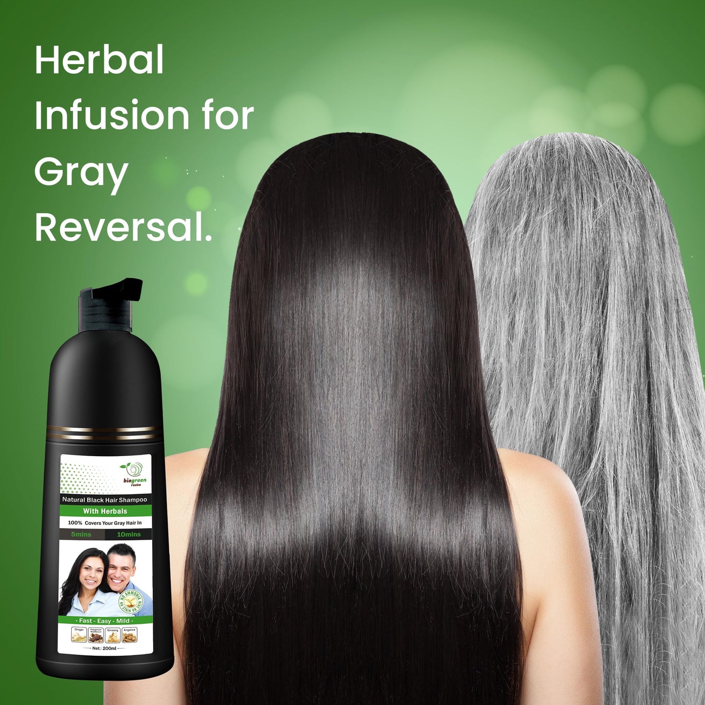 BIOGREEN ROOTS Ammonia-Free Herbal Hair Dye Shampoo – Natural Black, Paraben-Free (200 ml)