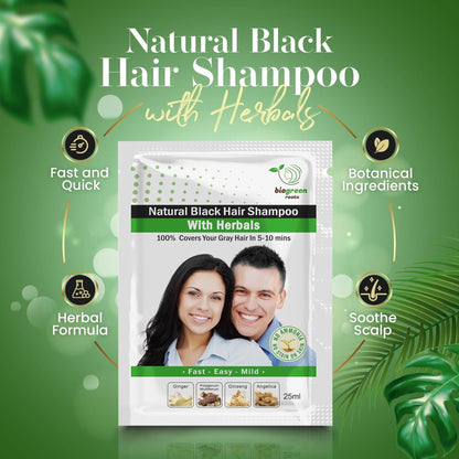 BIOGREEN ROOTS Ammonia-Free & Paraben-Free Herbal Hair Dye Shampoo – Natural Black Color, Herbal Nourishment (100 sachets x 25 ml)