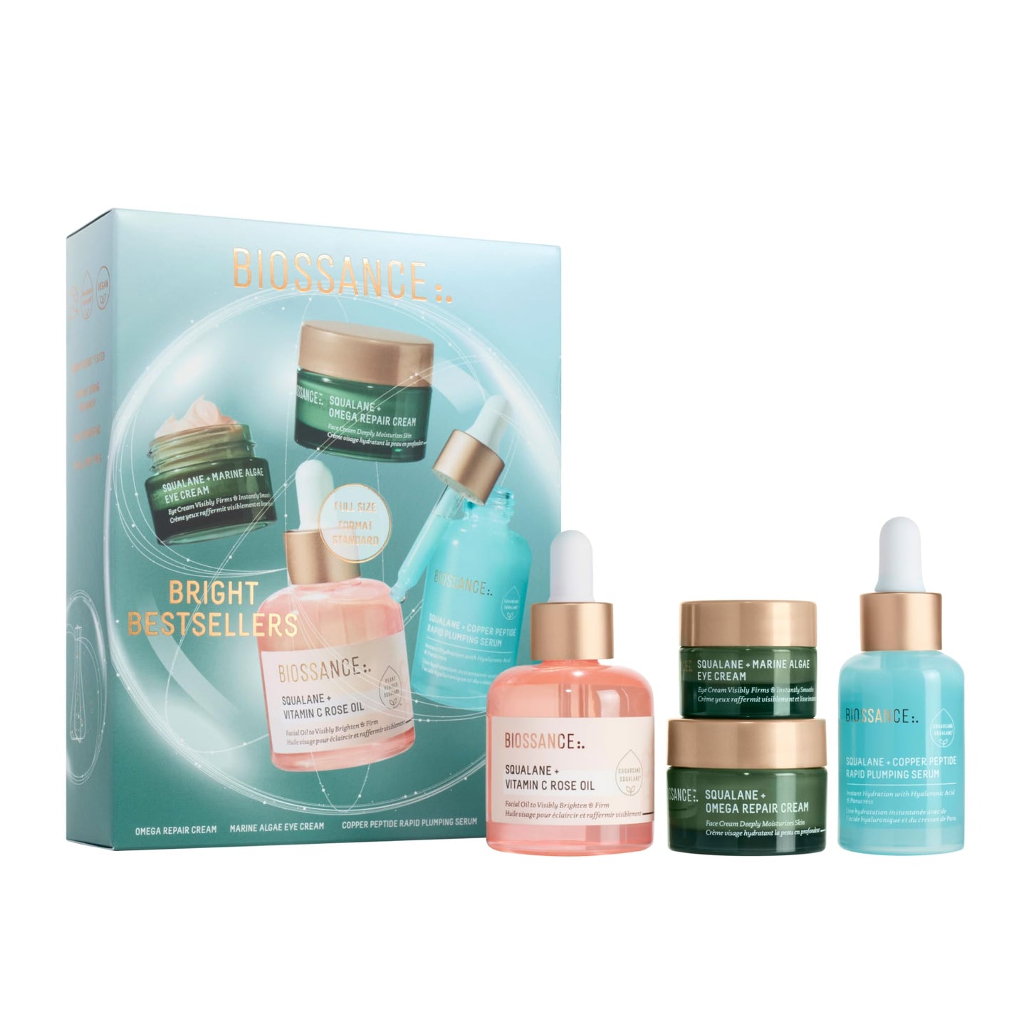 BIOSSANCE Bright Bestsellers Holiday Gift Set — Rose Oil, Copper Peptide Serum, Omega Repair Cream & Marine Algae Eye Cream | $136 Value