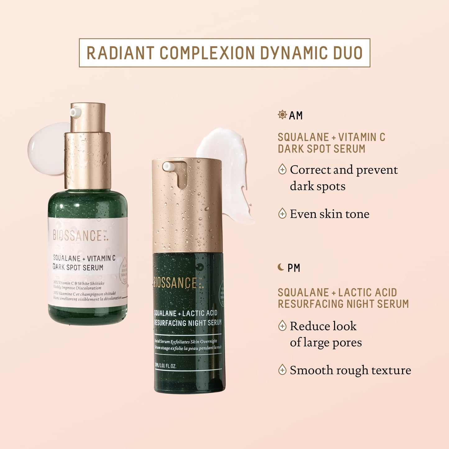 BIOSSANCE Squalane + Lactic Acid Night Serum – 10% Vegan Exfoliant for Texture, Hydration & Glow (1 oz)