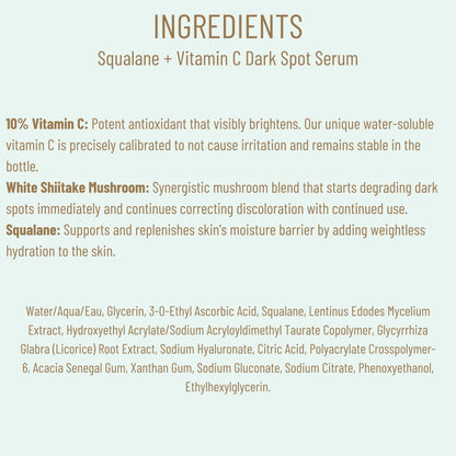 BIOSSANCE Squalane + Vitamin C Dark Spot Serum – 10% Vitamin C, White Shiitake, Fragrance-Free