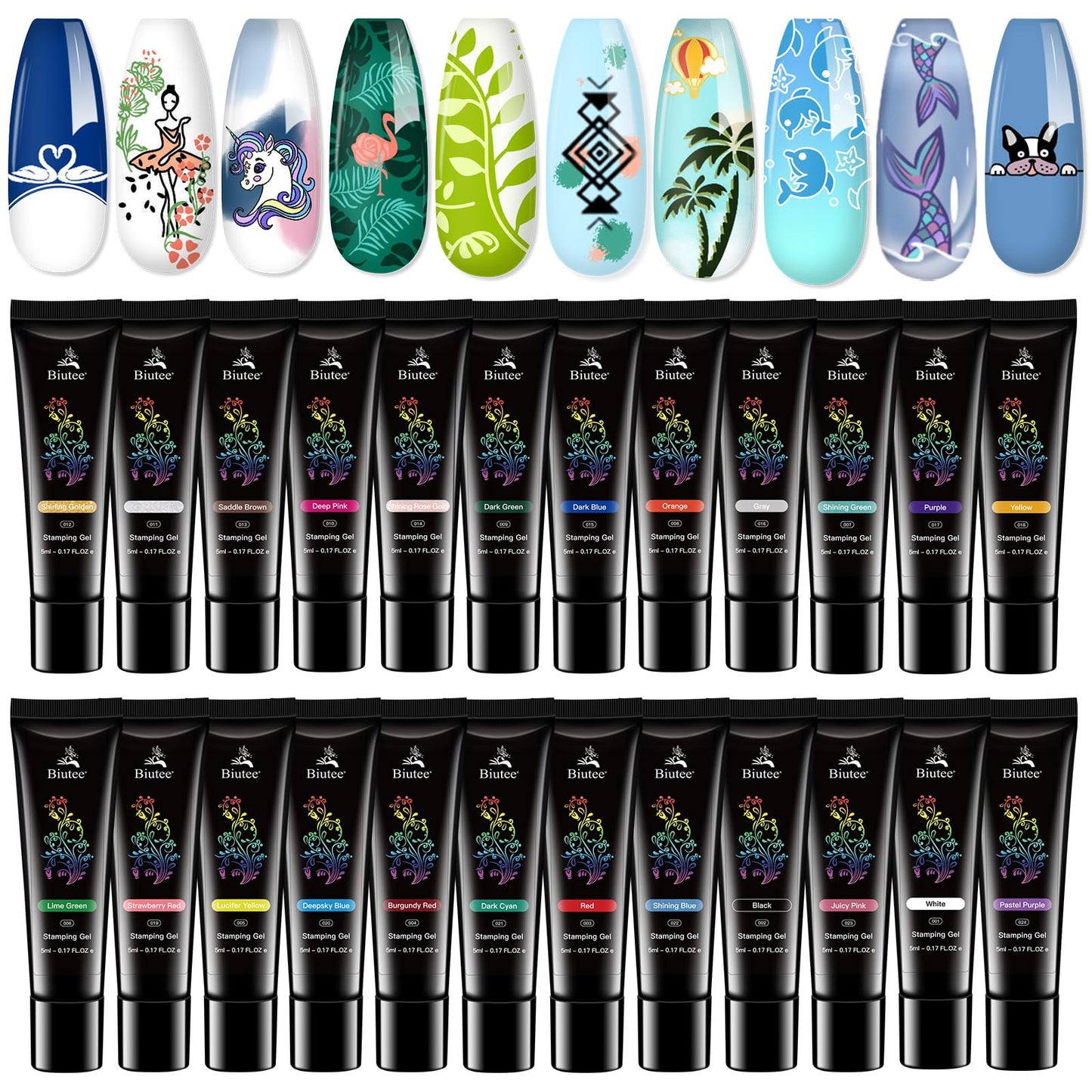 Biutee Nail Stamping Gel Polish – 24 Colors, 0.17 Fl Oz, Soak Off, UV/LED Cure