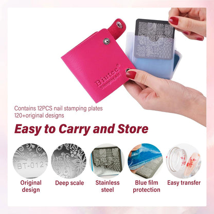 Biutee Nail Stamping Plates Set – 12 Plates, 8 Colors, Stamper & Scraper