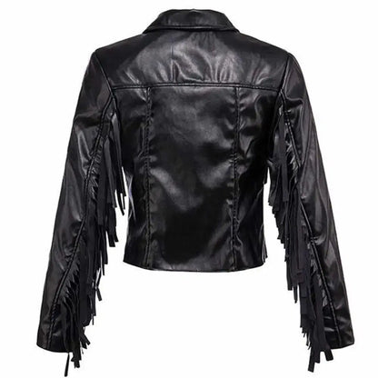 Women's Black Fringe Leather Bomber Jacket