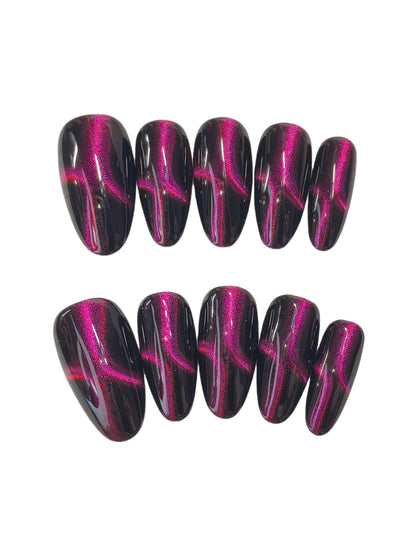 Black Double Pink Cat Eye Press-On Nails – Medium Almond, 10 Pieces | Sparkling Star Design