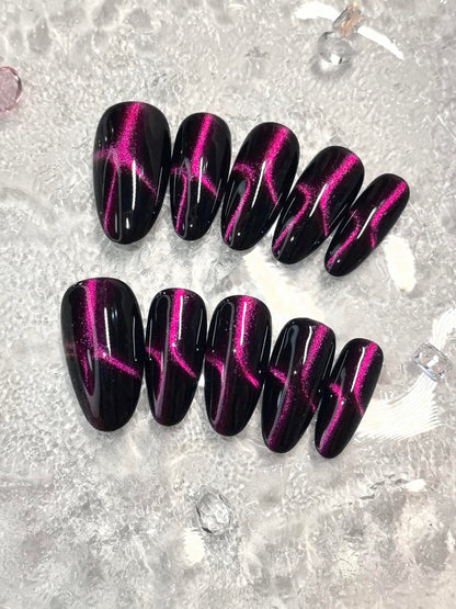 Black Double Pink Cat Eye Press-On Nails – Medium Almond, 10 Pieces | Sparkling Star Design