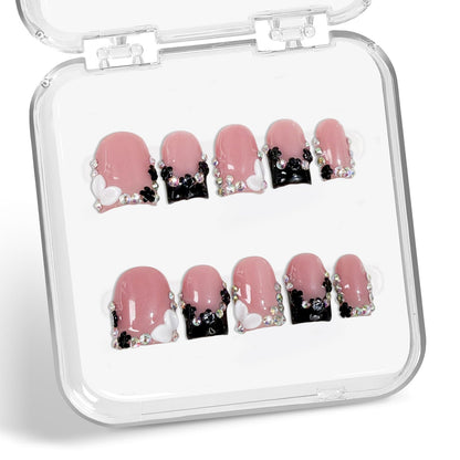 Black French Tip Press-On Nails – Short Square Handmade 3D Flower Rhinestones, Thick Acrylic & Multi-Layer Gel