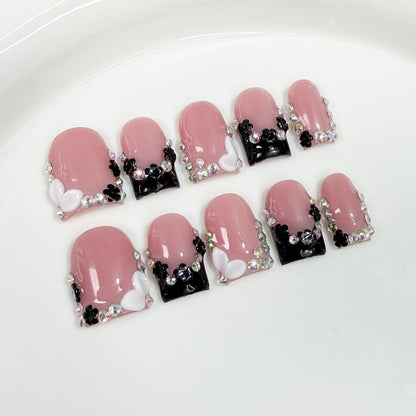 Black French Tip Press-On Nails – Short Square Handmade 3D Flower Rhinestones, Thick Acrylic & Multi-Layer Gel