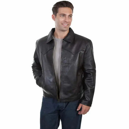 Men’s Black Leather Jacket with Turn-Down Collar