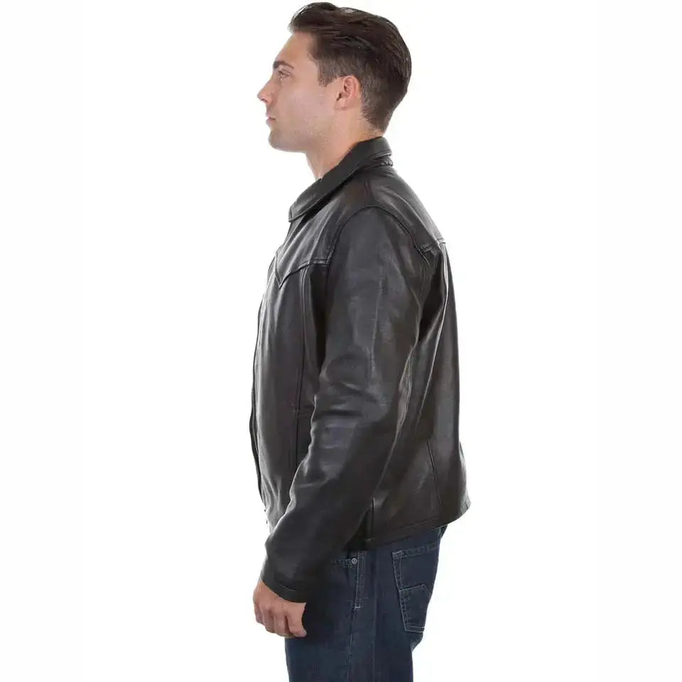Men’s Black Leather Jacket with Turn-Down Collar