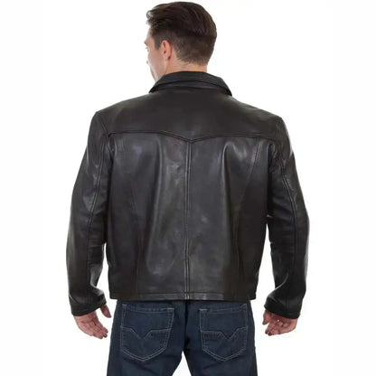 Men’s Black Leather Jacket with Turn-Down Collar
