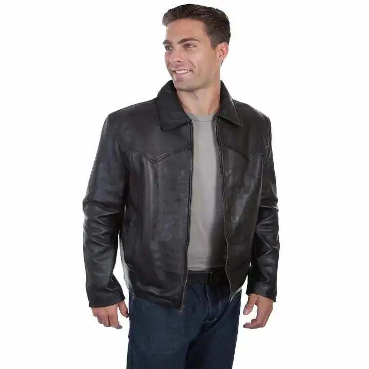 Men’s Black Leather Jacket with Turn-Down Collar