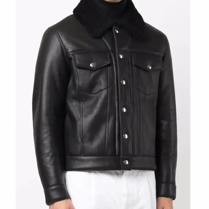 Men’s Black Leather Trucker Jacket with Shearling Collar