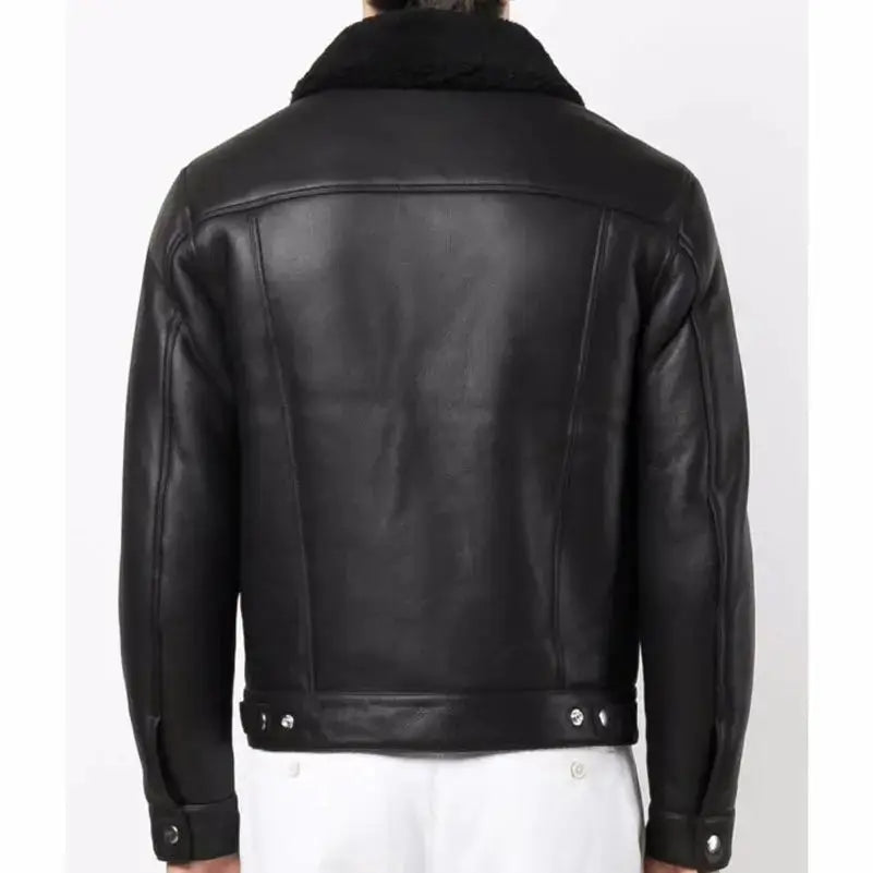 Men’s Black Leather Trucker Jacket with Shearling Collar