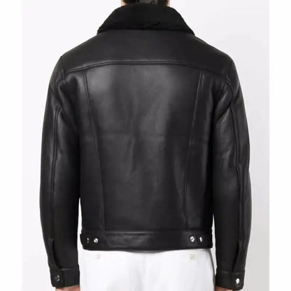 Men’s Black Leather Trucker Jacket with Shearling Collar
