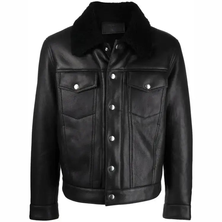 Men’s Black Leather Trucker Jacket with Shearling Collar