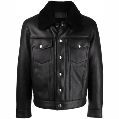 Men’s Black Leather Trucker Jacket with Shearling Collar