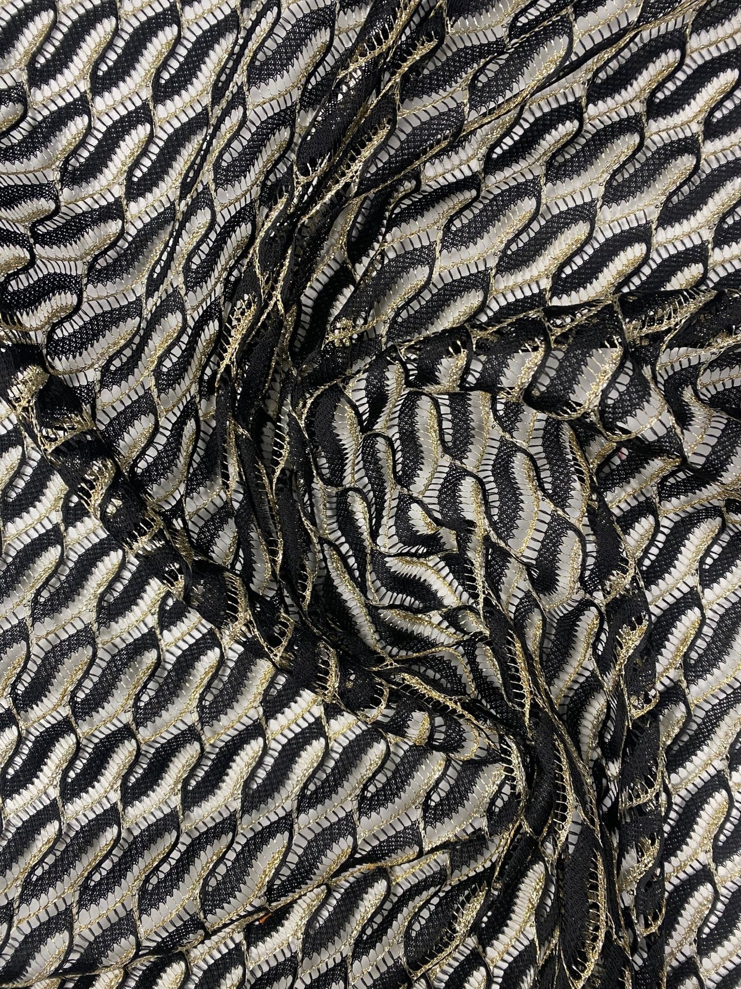 Black Wave Openwork Mesh Knit Fabric with Metallic Thread by the Metre