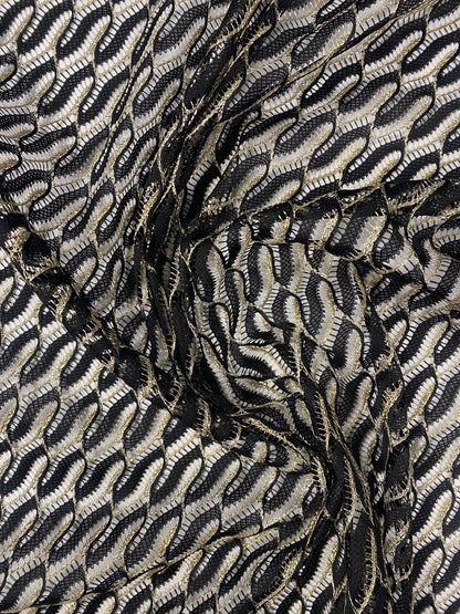 Black Wave Openwork Mesh Knit Fabric with Metallic Thread by the Metre