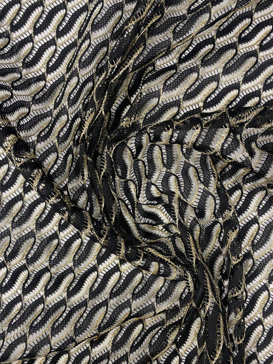 Black Wave Openwork Mesh Knit Fabric with Metallic Thread by the Metre
