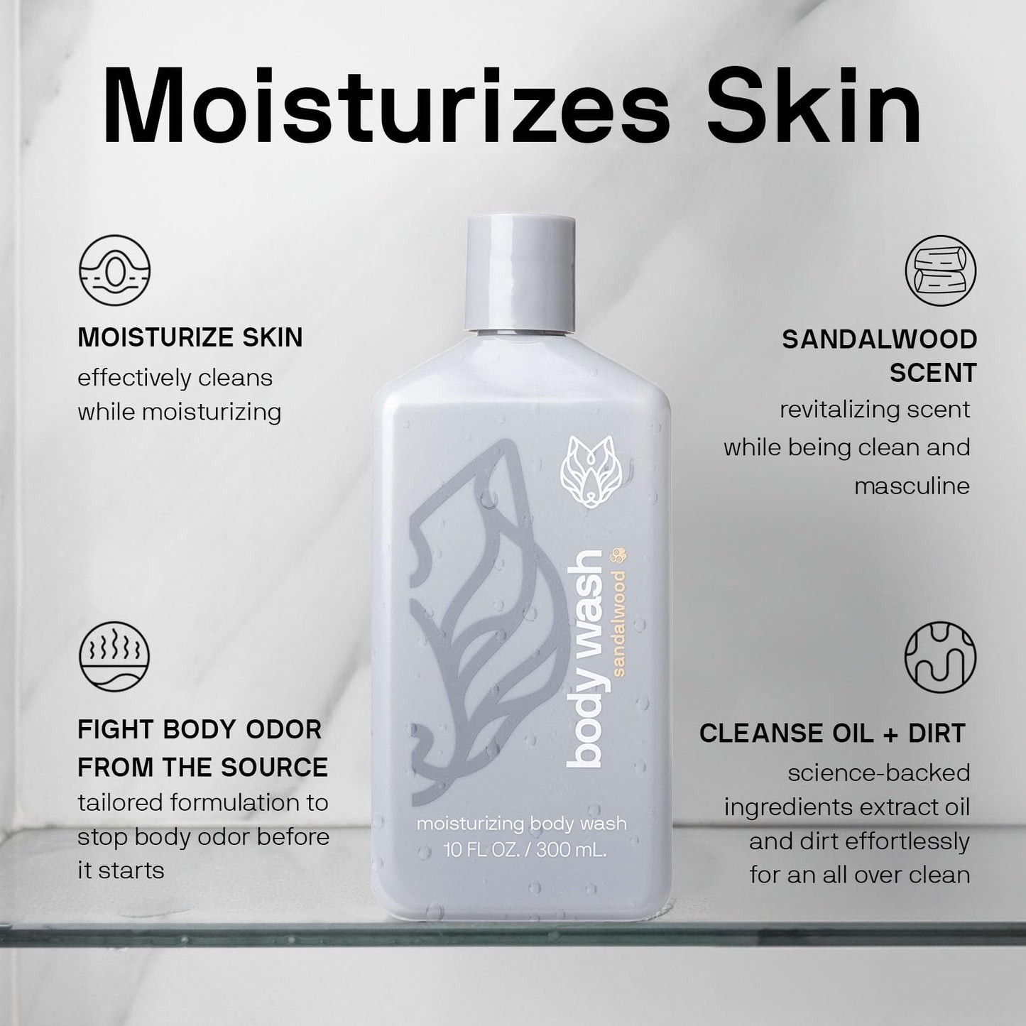 Black Wolf Moisturizing Body Wash for Men – Sandalwood Hydration with Hyaluronic Acid, Aloe Vera & Jojoba Oil