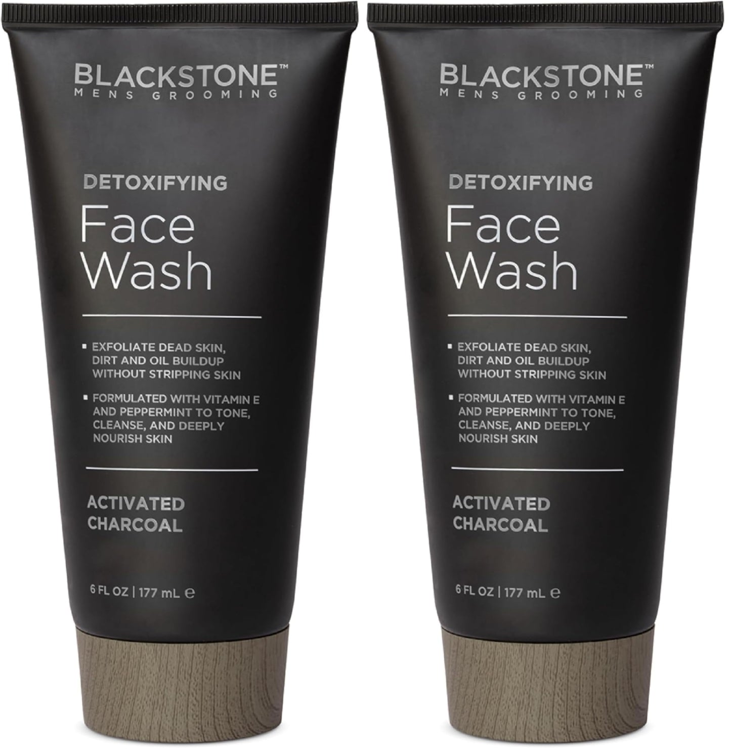 Blackstone Men's Grooming Detoxifying Face Wash with Activated Charcoal, Vitamin E & Peppermint – 2-Pack (6 oz each) Made in USA