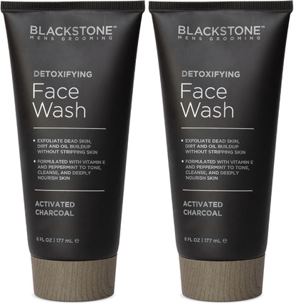 Blackstone Men's Grooming Detoxifying Face Wash with Activated Charcoal, Vitamin E & Peppermint – 2-Pack (6 oz each) Made in USA