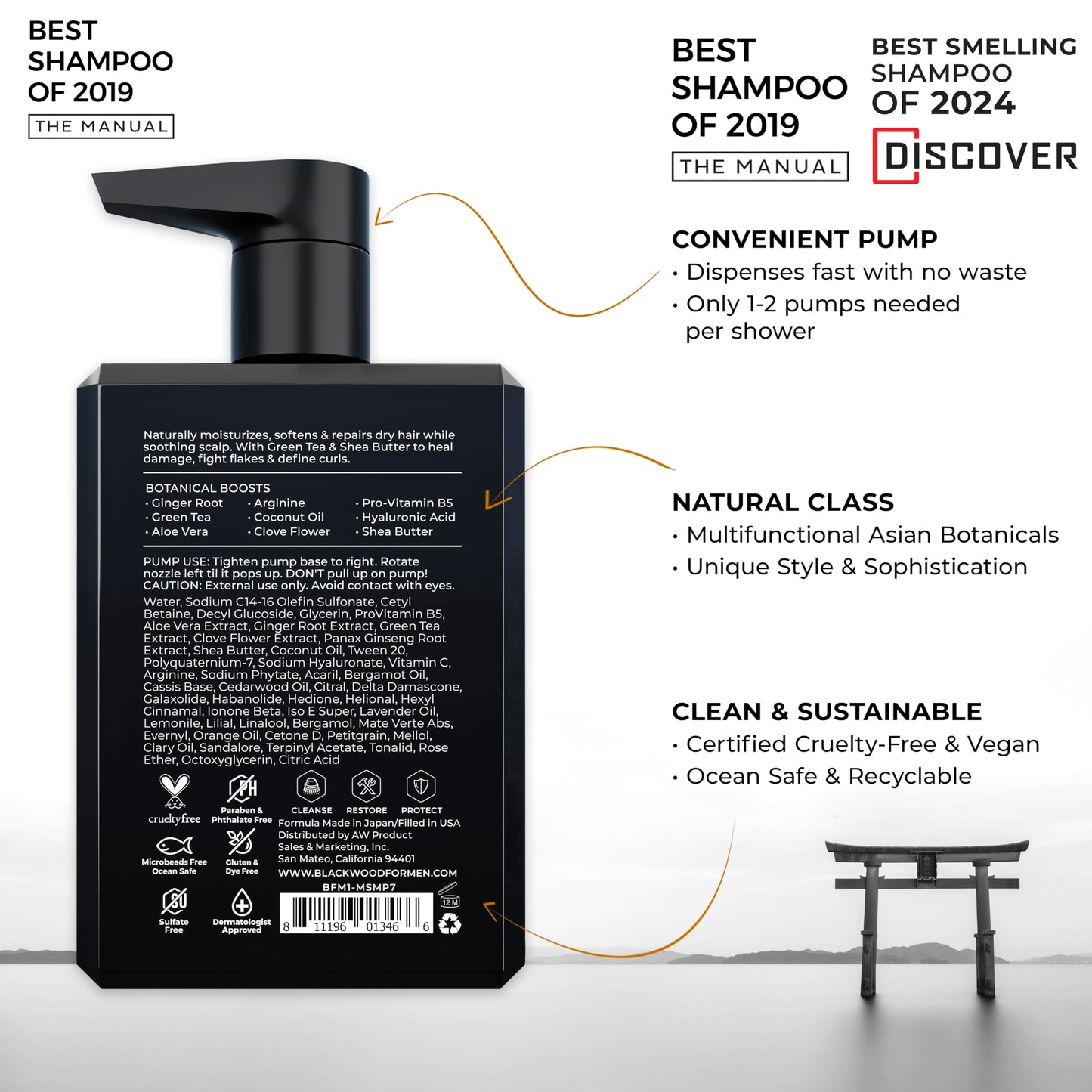 Blackwood For Men Hydroblast Moisturizing Shampoo – For Coarse, Dry & Curly Hair | Ginseng & Ginger | Vegan, Sulfate-Free (7 Oz)