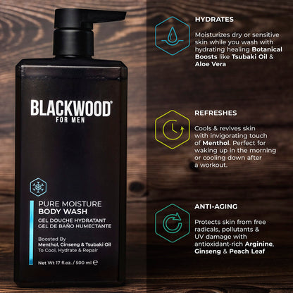 Blackwood For Men Pure Moisture Body Wash – Ginseng, Menthol, Sulfate Free, 17oz | Vegan & Dye Free