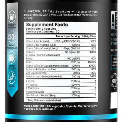 B Life Company Men's Hair Growth Supplement – Biotin, Collagen, Zinc & Vitamins A-C-E – 60 Capsules