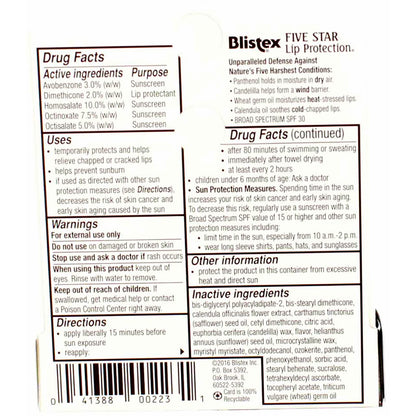 Blistex Five Star Lip Protection SPF 30 Lip Balm – 0.15 oz, Pack of 12