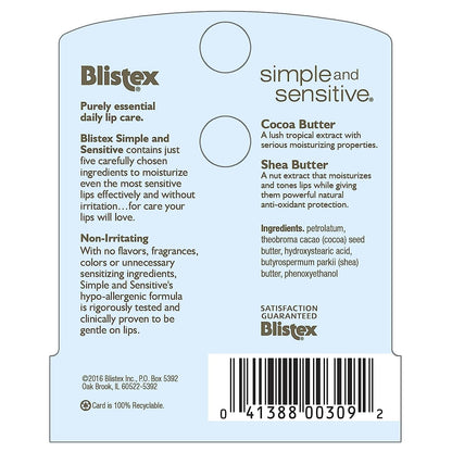Blistex Simple and Sensitive Lip Moisturizer – Hypoallergenic, Cocoa & Shea Butter, 0.15 oz (12 Pack)