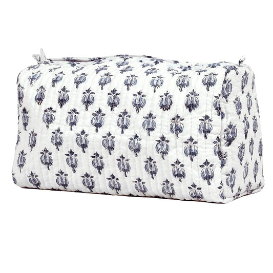 BLOCK N STYLE Cotton Hand Block Floral Toiletry Bag – Women’s Makeup & Travel Organizer, White (9.25 x 4.53 x 6.89 in)