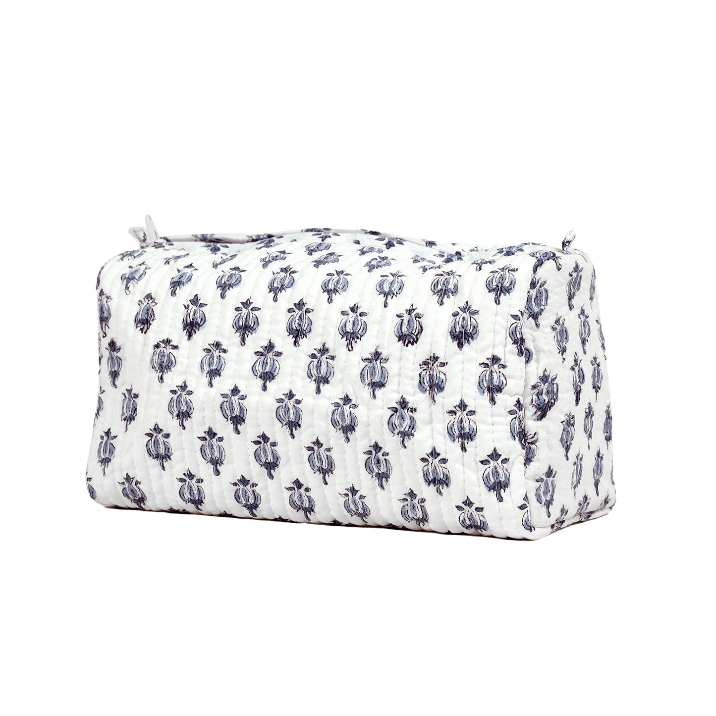 BLOCK N STYLE Cotton Hand Block Floral Toiletry Bag – Women’s Makeup & Travel Organizer, White (9.25 x 4.53 x 6.89 in)